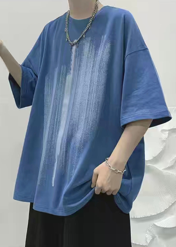 Loose Blue Print Cozy Cotton Men T Shirt Half Sleeve