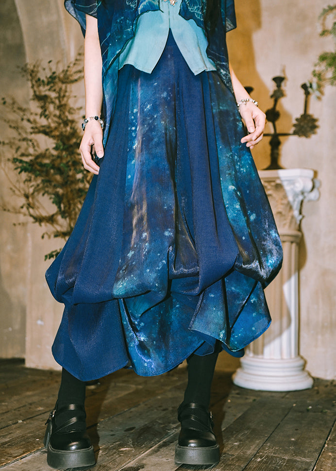 Loose Blue Print High Waist Patchwork Cotton Maxi Skirts Summer
