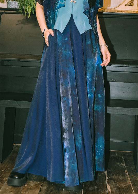 Loose Blue Print High Waist Patchwork Cotton Maxi Skirts Summer