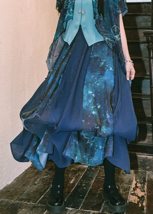 Loose Blue Print High Waist Patchwork Cotton Maxi Skirts Summer