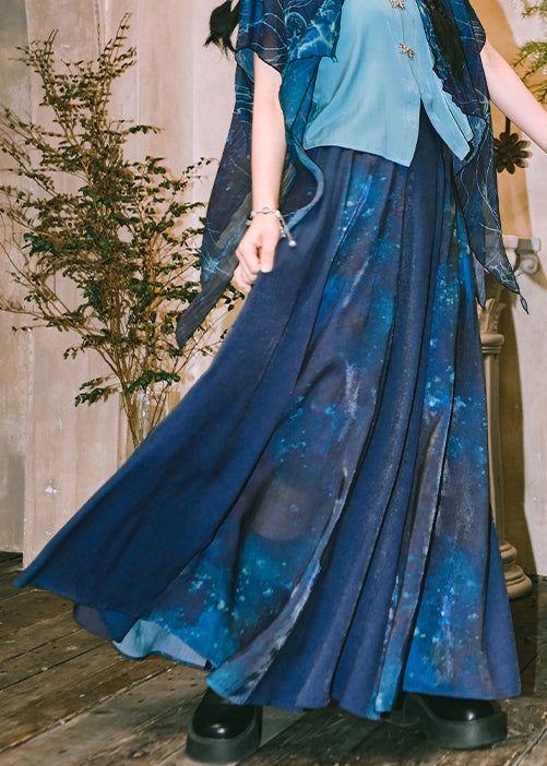 Loose Blue Print High Waist Patchwork Cotton Maxi Skirts Summer