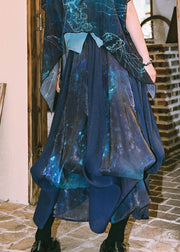 Loose Blue Print High Waist Patchwork Cotton Maxi Skirts Summer