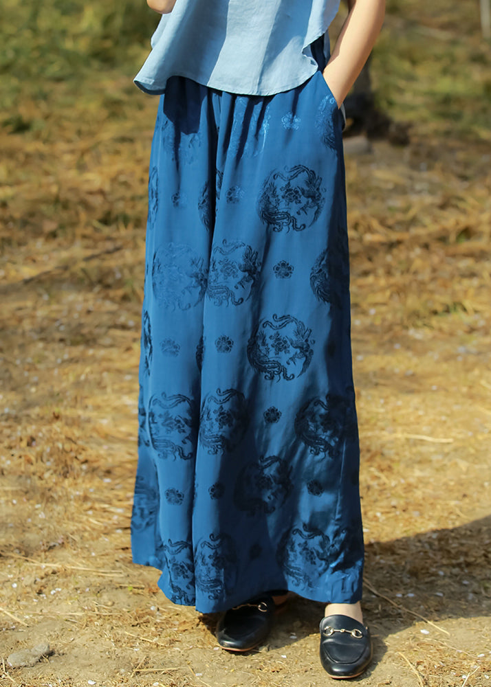 Loose Blue Print Pockets Elastic Waist Silk Wide Leg Pants Summer