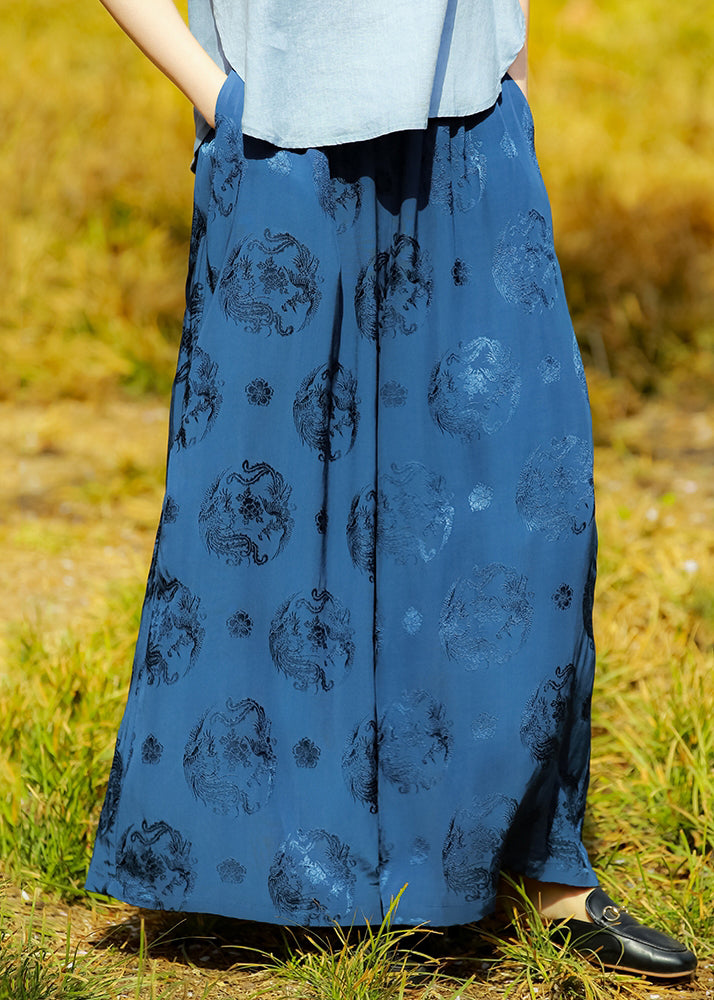 Loose Blue Print Pockets Elastic Waist Silk Wide Leg Pants Summer