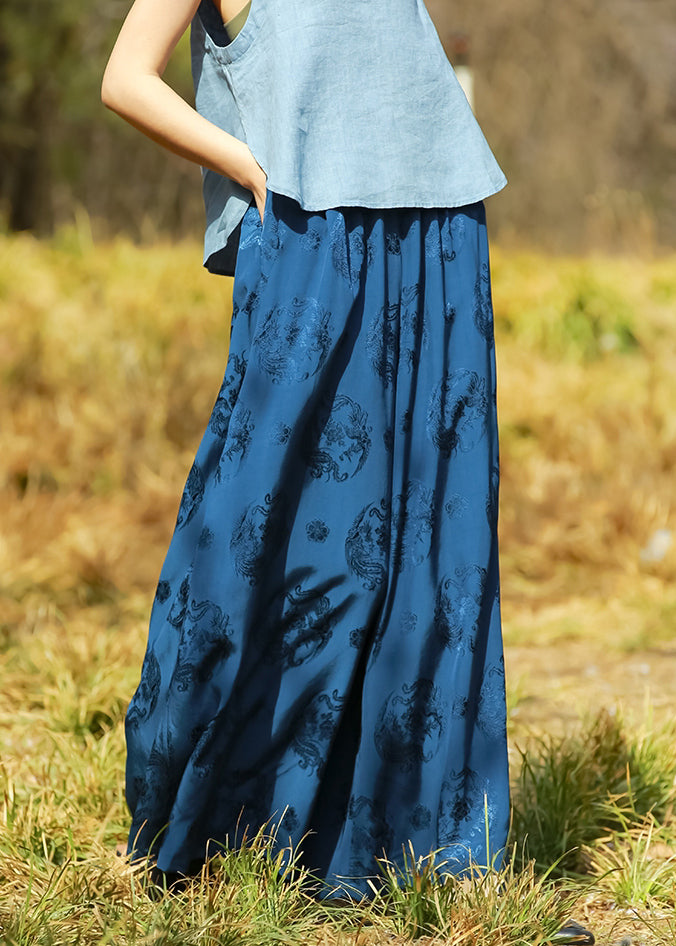 Loose Blue Print Pockets Elastic Waist Silk Wide Leg Pants Summer