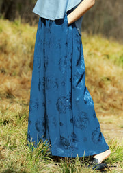 Loose Blue Print Pockets Elastic Waist Silk Wide Leg Pants Summer