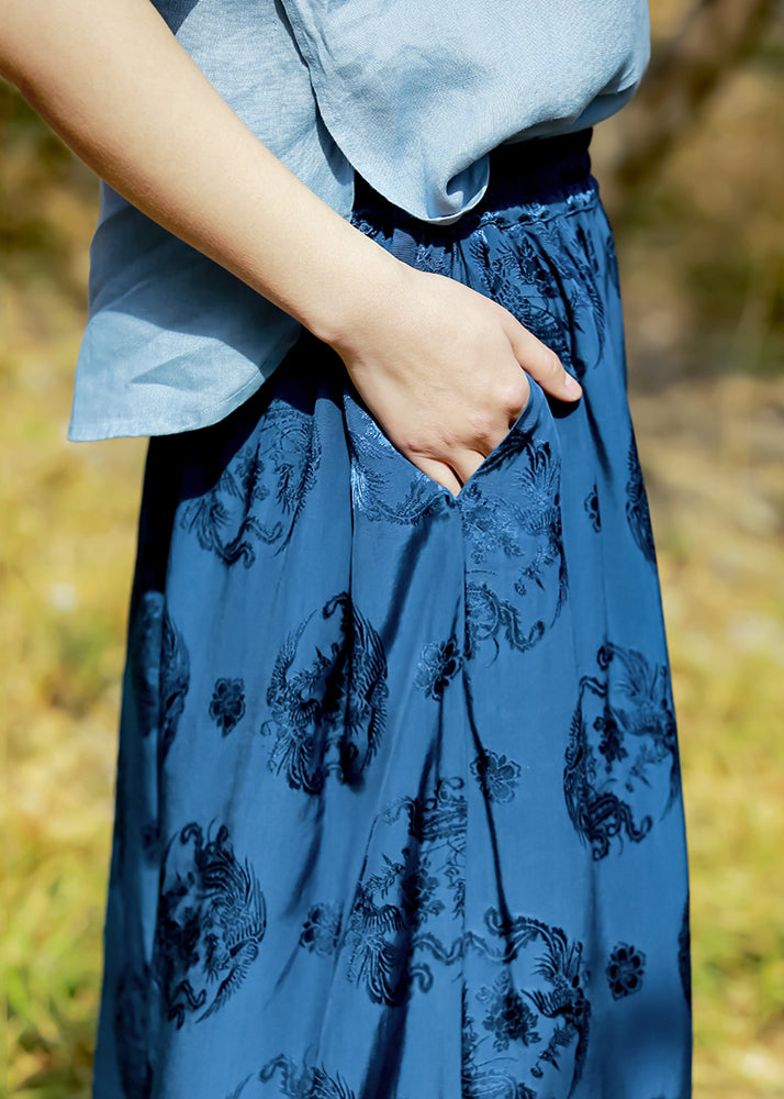 Loose Blue Print Pockets Elastic Waist Silk Wide Leg Pants Summer