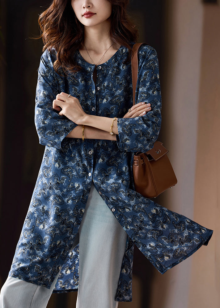 Loose Blue Print Side Open Chiffon Shirts Bracelet Sleeve