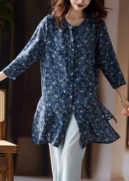 Loose Blue Print Side Open Chiffon Shirts Bracelet Sleeve