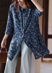 Loose Blue Print Side Open Chiffon Shirts Bracelet Sleeve
