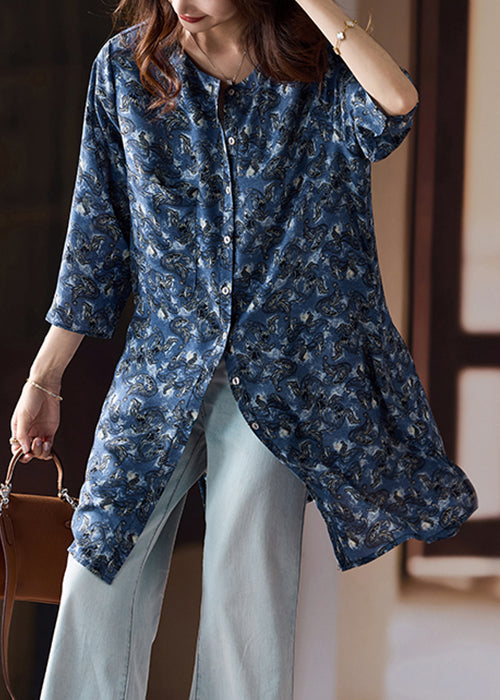 Loose Blue Print Side Open Chiffon Shirts Bracelet Sleeve
