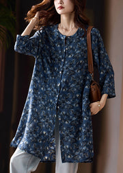 Loose Blue Print Side Open Chiffon Shirts Bracelet Sleeve