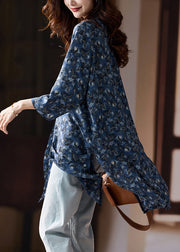 Loose Blue Print Side Open Chiffon Shirts Bracelet Sleeve