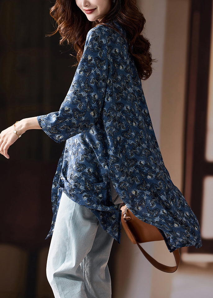 Loose Blue Print Side Open Chiffon Shirts Bracelet Sleeve