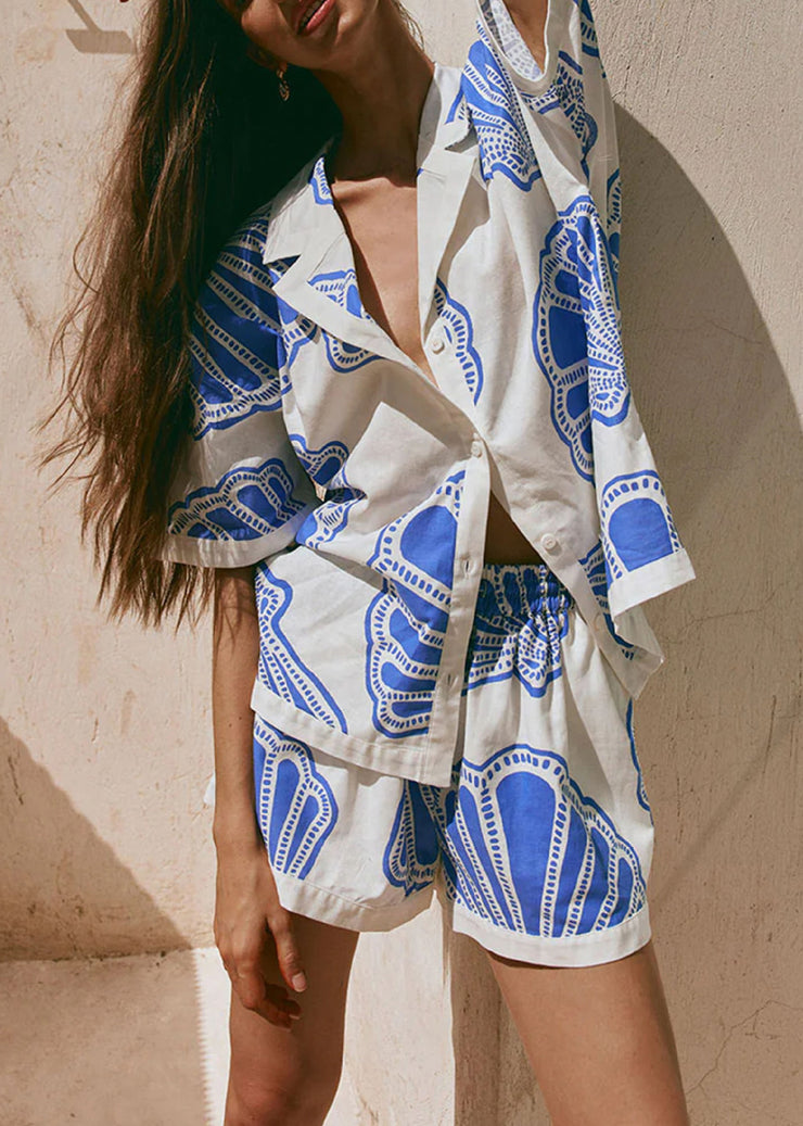 Loose Blue Print Tops And Shorts Two-Piece Set Summer