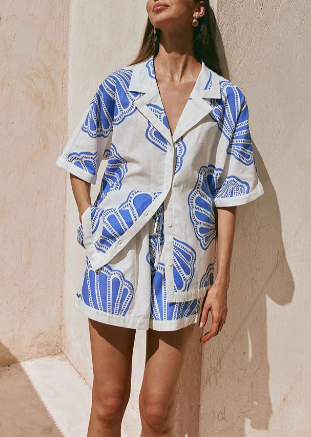 Loose Blue Print Tops And Shorts Two-Piece Set Summer
