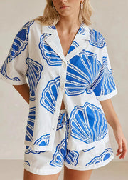 Loose Blue Print Tops And Shorts Two-Piece Set Summer