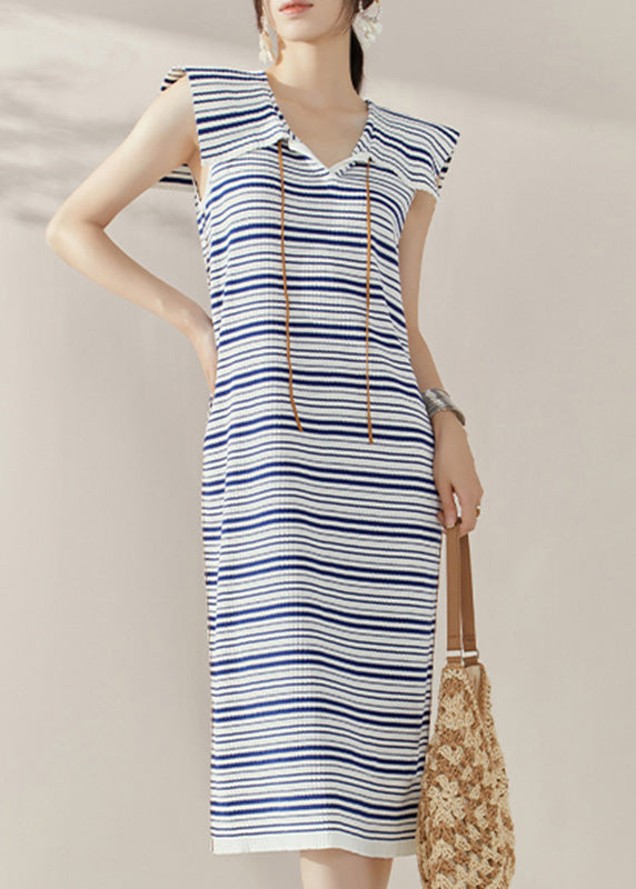 Loose Blue Sailor Collar Striped Knit Long Dresses Sleeveless