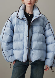 Loose Blue Stand Collar Zippered Drawstring Duck Down Puffer Coat Winter
