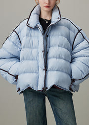 Loose Blue Stand Collar Zippered Drawstring Duck Down Puffer Coat Winter