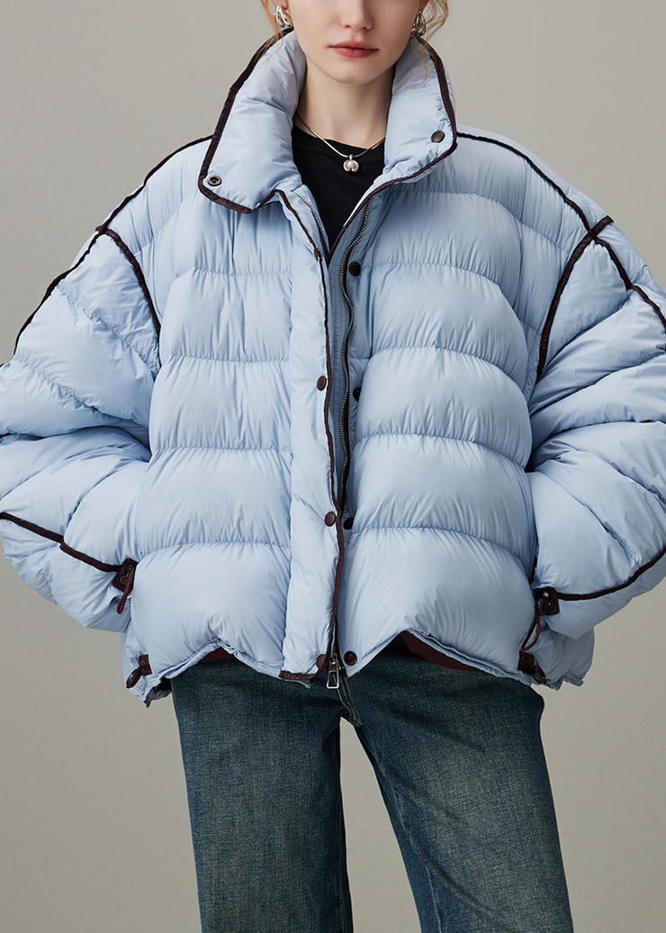 Loose Blue Stand Collar Zippered Drawstring Duck Down Puffer Coat Winter