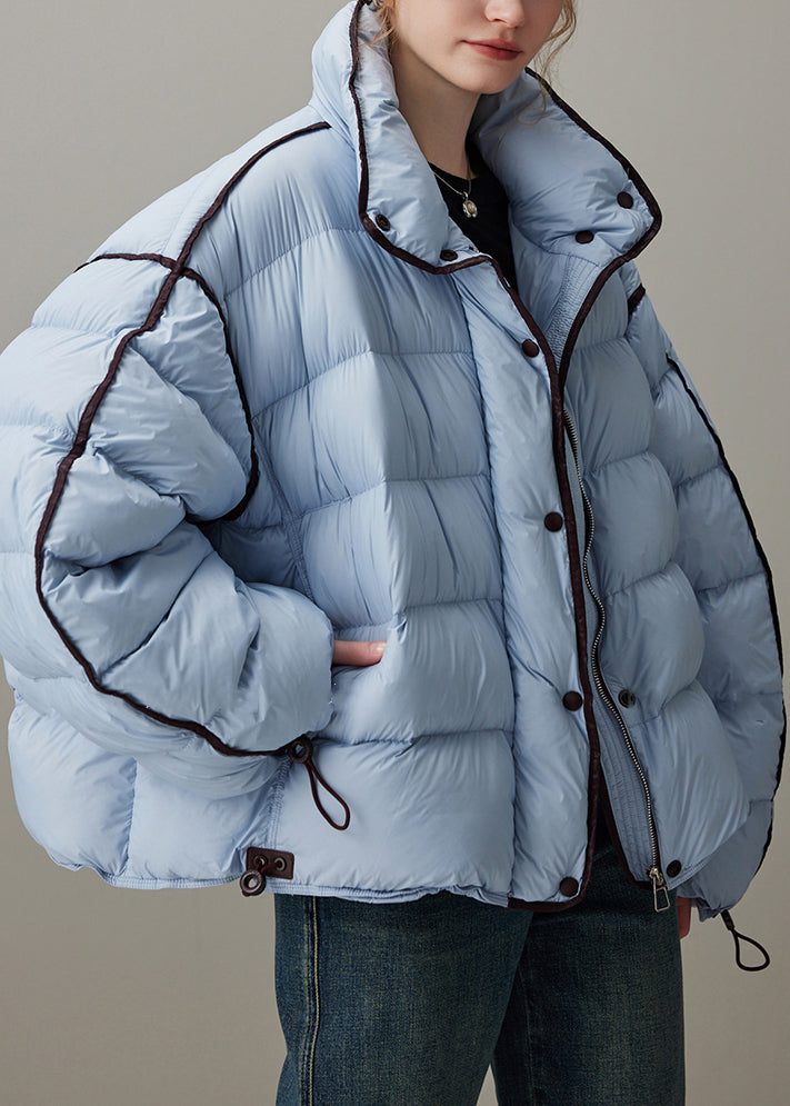 Loose Blue Stand Collar Zippered Drawstring Duck Down Puffer Coat Winter