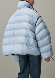 Loose Blue Stand Collar Zippered Drawstring Duck Down Puffer Coat Winter