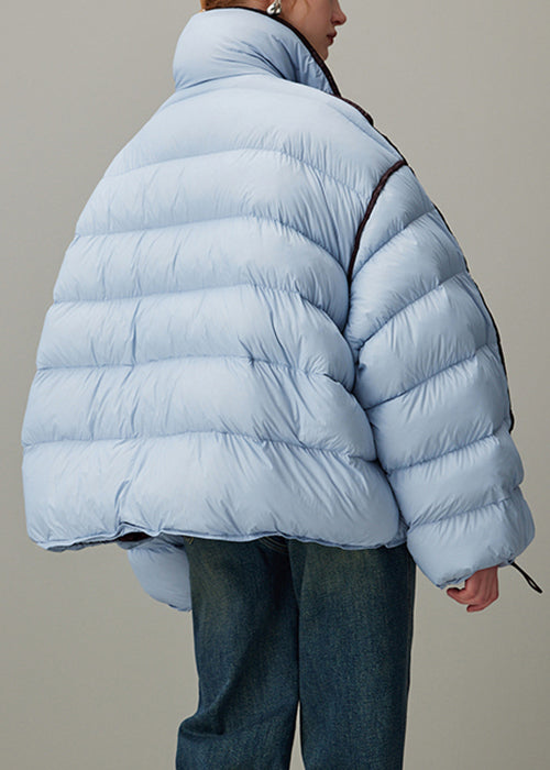 Loose Blue Stand Collar Zippered Drawstring Duck Down Puffer Coat Winter