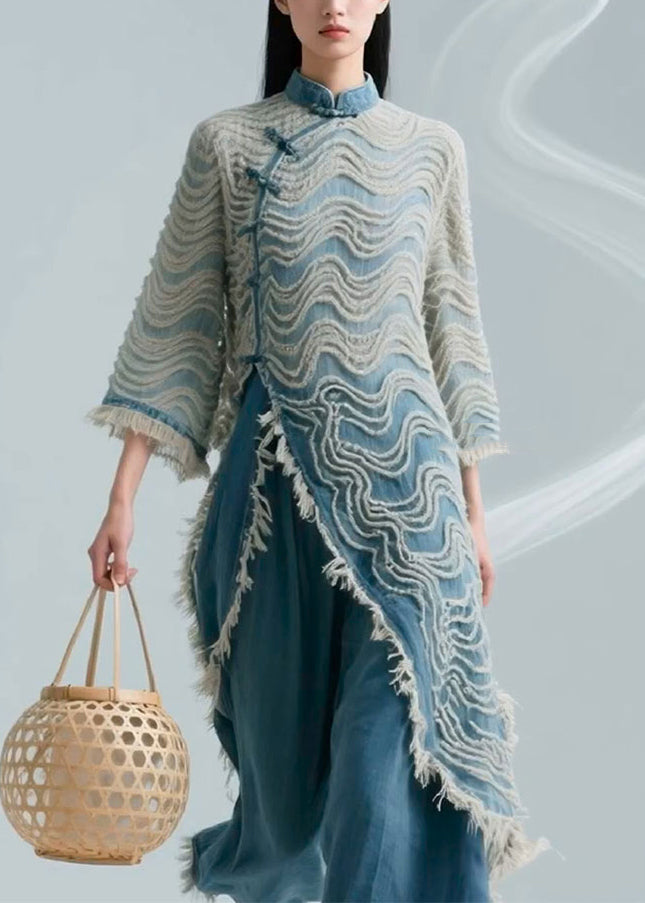 Loose Blue Striped Button Denim Shirts Bracelet Sleeve