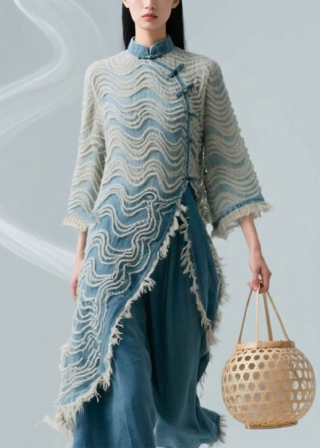 Loose Blue Striped Button Denim Shirts Bracelet Sleeve