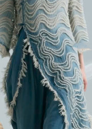 Loose Blue Striped Button Denim Shirts Bracelet Sleeve