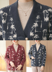 Loose Blue V Neck Button Mink Hair Knitted Coat Fall