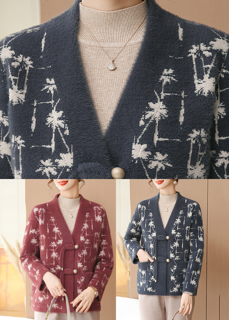 Loose Blue V Neck Button Mink Hair Knitted Coat Fall