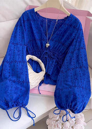 Loose Blue V Neck Hollow Out Lace Up Cotton Shirt Lantern Sleeve