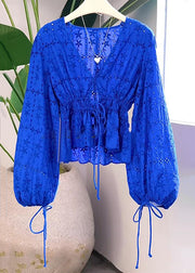 Loose Blue V Neck Hollow Out Lace Up Cotton Shirt Lantern Sleeve