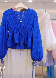 Loose Blue V Neck Hollow Out Lace Up Cotton Shirt Lantern Sleeve