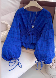 Loose Blue V Neck Hollow Out Lace Up Cotton Shirt Lantern Sleeve