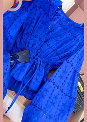 Loose Blue V Neck Hollow Out Lace Up Cotton Shirt Lantern Sleeve