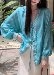 Loose Blue V Neck Lace Up Cotton Blouse Batwing Sleeve