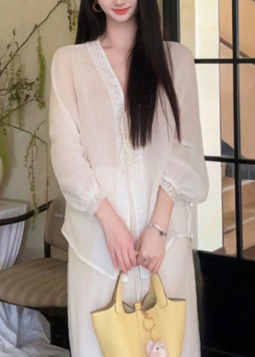 Loose Blue V Neck Lace Up Cotton Blouse Batwing Sleeve