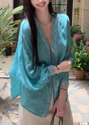 Loose Blue V Neck Lace Up Cotton Blouse Batwing Sleeve