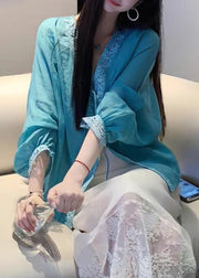 Loose Blue V Neck Lace Up Cotton Blouse Batwing Sleeve