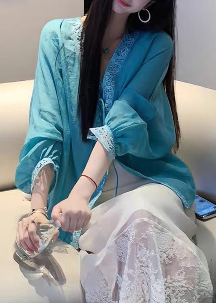 Loose Blue V Neck Lace Up Cotton Blouse Batwing Sleeve