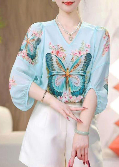 Loose Blue V Neck Print Chiffon Shirt Bracelet Sleeve