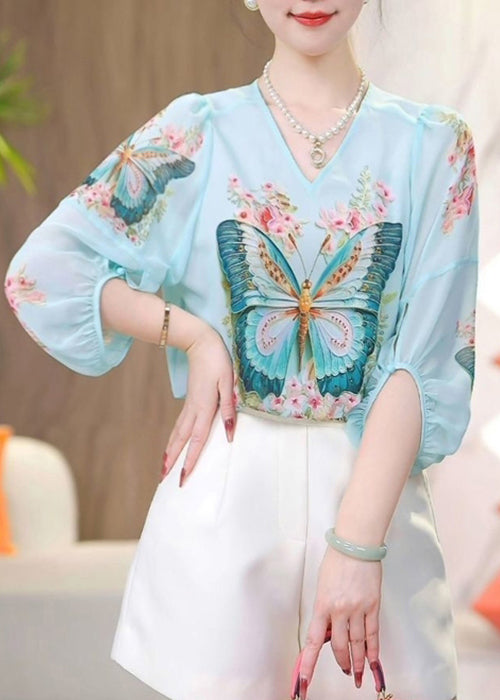 Loose Blue V Neck Print Chiffon Shirt Bracelet Sleeve