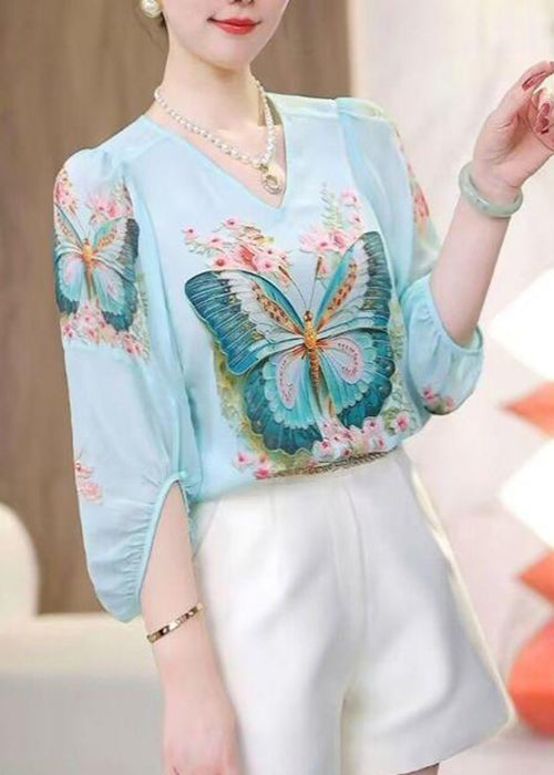 Loose Blue V Neck Print Chiffon Shirt Bracelet Sleeve