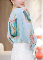 Loose Blue V Neck Print Chiffon Shirt Bracelet Sleeve