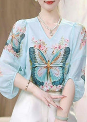 Loose Blue V Neck Print Chiffon Shirt Bracelet Sleeve