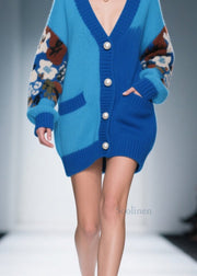 Loose Blue V Neck Print Pockets Button Knit Cardigan Fall