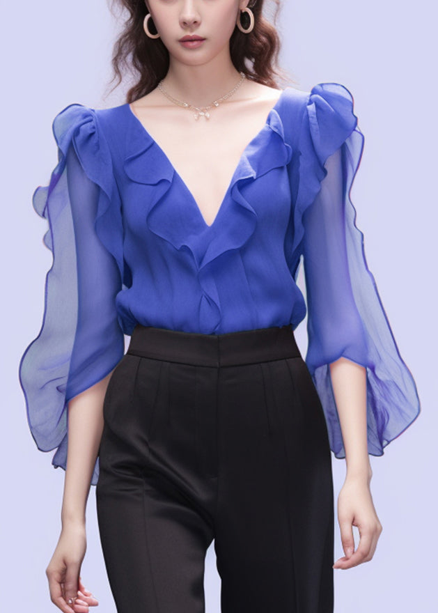 Loose Blue V Neck Ruffled Chiffon Shirt Bracelet Sleeve